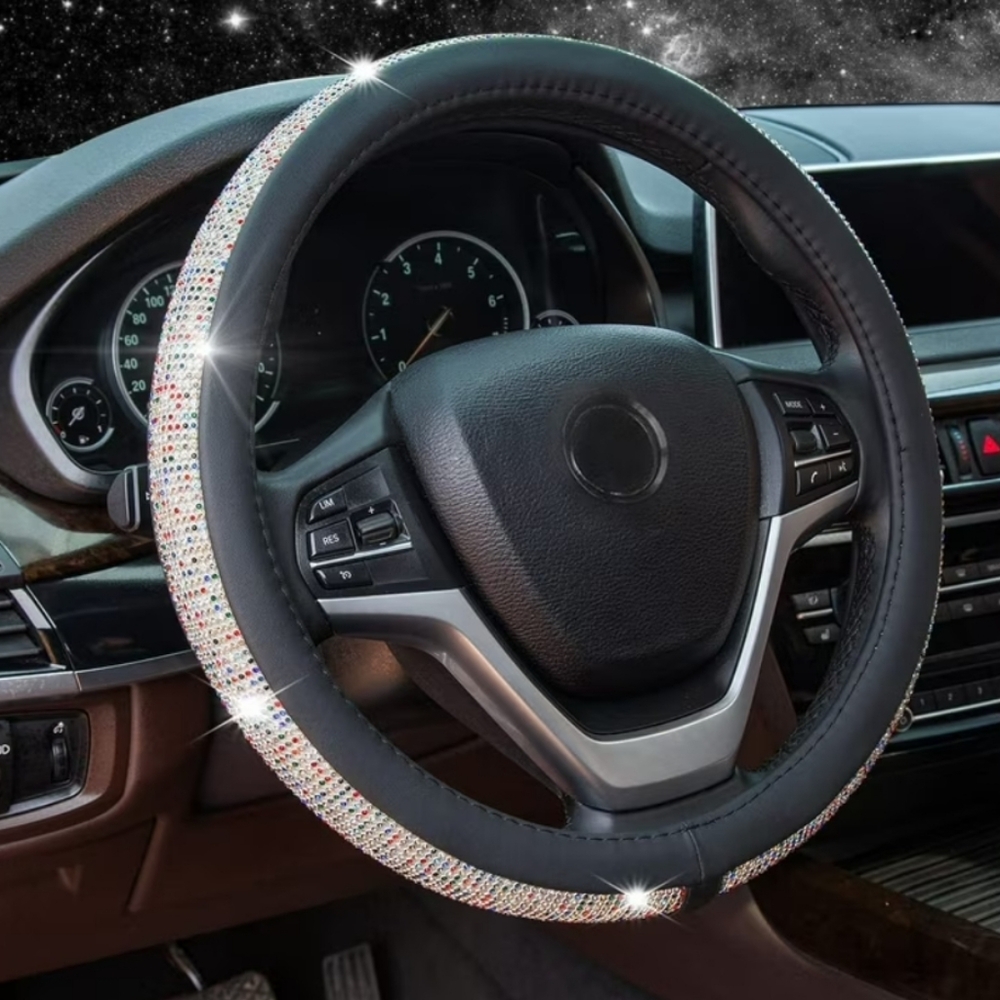 Leather Steering Wheel Cover with Multi-colored Rhinestones Car Accessory